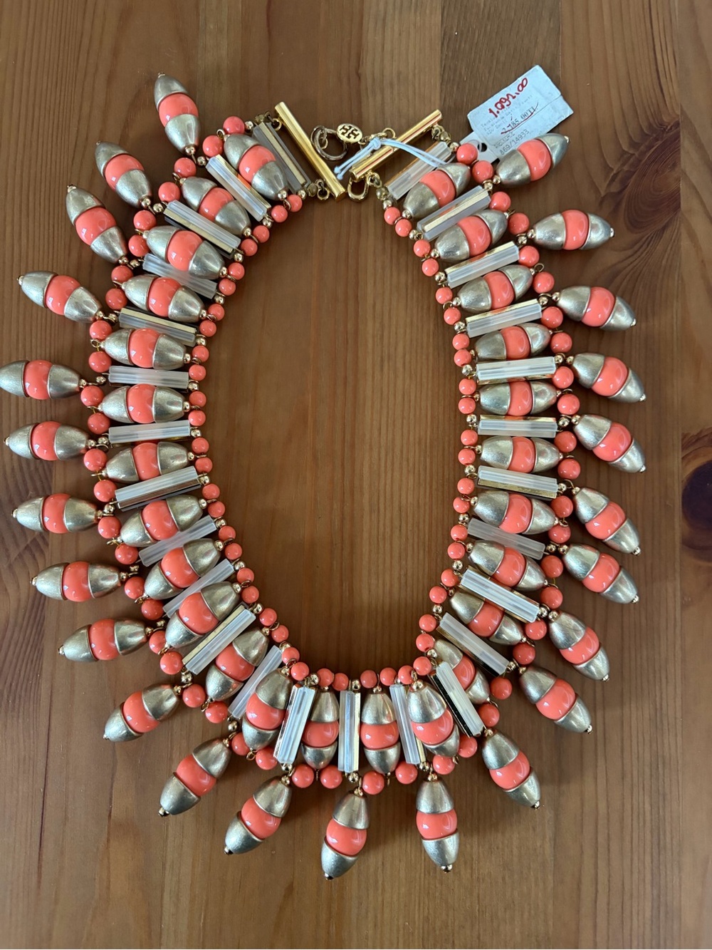 New Tory Burch Statement Coral and Gold Bead Bib Necklace